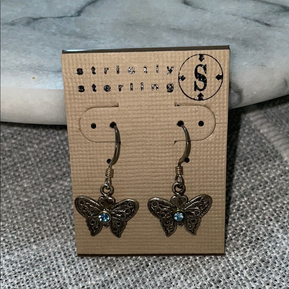 Silver Filigree Butterfly Earrings with blue rhinestones